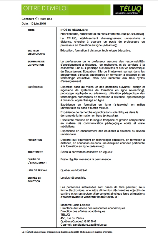 Offre d'emploi - professeur e-learning